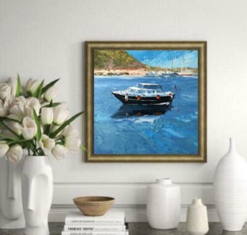 油絵　ボート　自然 ボートの絵 海景 オリジナルアートワーク 油絵 30x20 cm/ 12 x 8