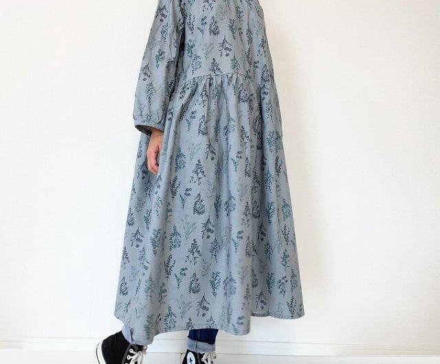 Little flower long sleeve raglan dress cotton Grayish blue - Shop