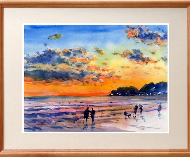 風景画 夕焼け (原画) 水彩画原画 夕焼けの由比ヶ浜・鎌倉 - ショップ 松下勝明