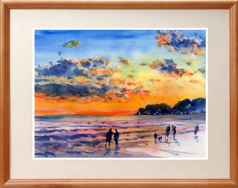 水彩画原画　夕焼けの由比ヶ浜・鎌倉 - 海報/掛畫/掛布 - 紙 紅色