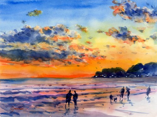 水彩画原画 夕焼けの由比ヶ浜・鎌倉 - ショップ 松下勝明