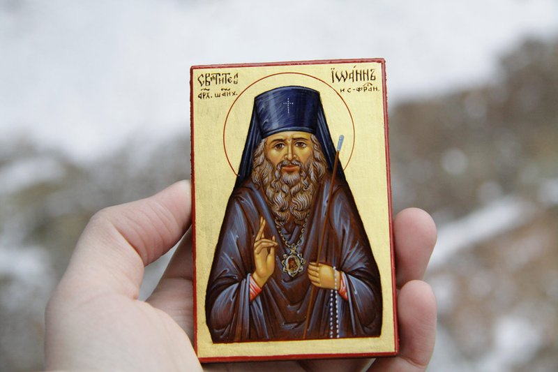 hand painted orthodox wood icon Saint John of Shanghai pocket size religious art - 其他 - 木頭 藍色