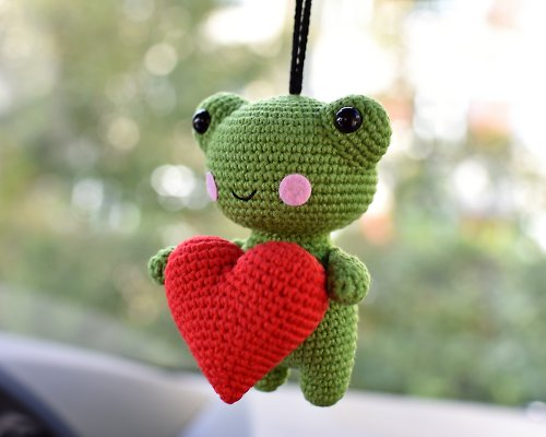 Sweet sweet heart Plush frog with heart / Rear view mirror accessory / Kawaii car accessory