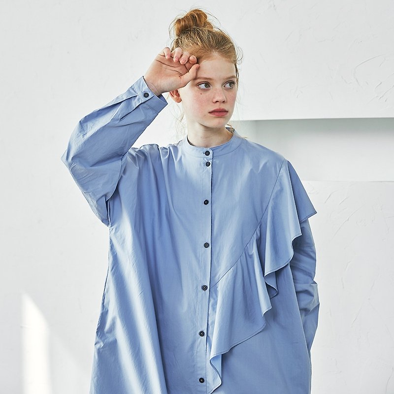 Gray-blue ruffled long shirt - One Piece Dresses - Cotton & Hemp Blue