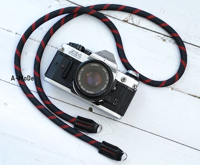 カメラストラップ 黒と赤 9mm 登山ロープ ヴィンテージ 手作り フィルム カメラ ギフト 写真撮影 ショップ A Mode カメラバッグ Pinkoi