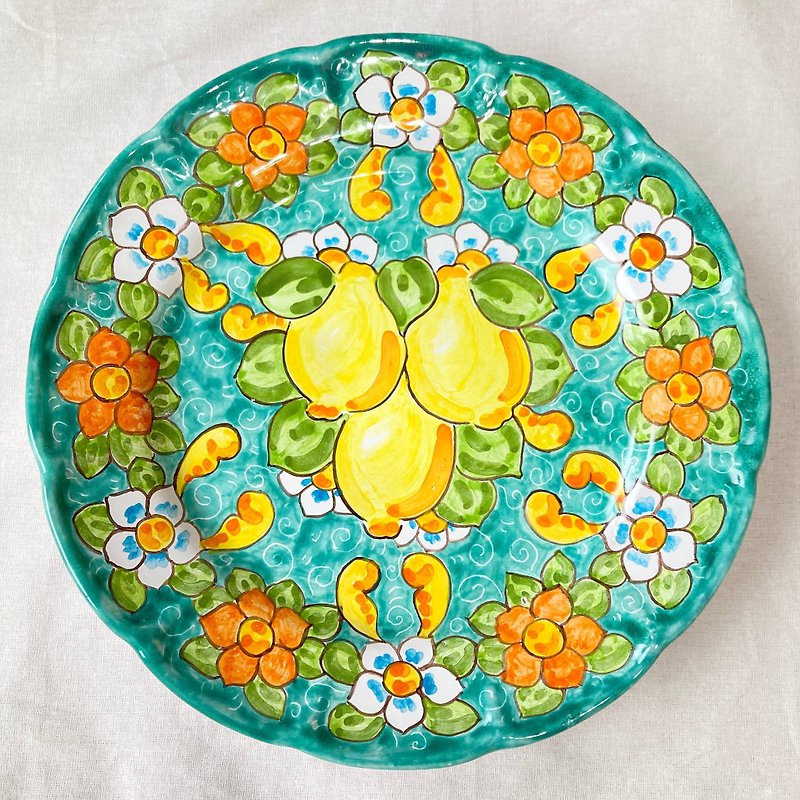 絵皿 26cm マヨリカ焼き イタリア陶器 レモン柄　パスタ皿 - 皿・プレート - 陶器 イエロー