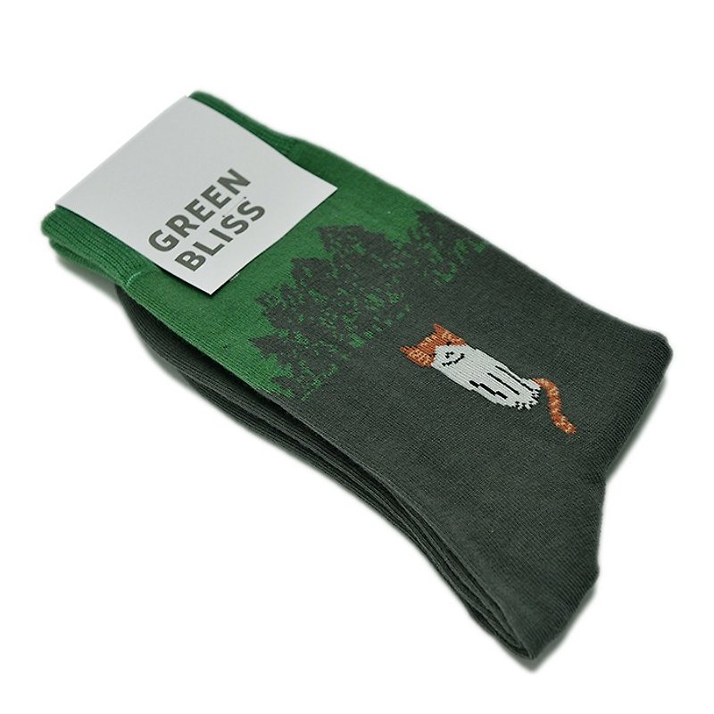 GREEN BLISS 有機棉襪 - [聯名系列] Gotjawal Cat 1 貓與森林 中長襪 (男/女) - 襪子 - 棉．麻 綠色