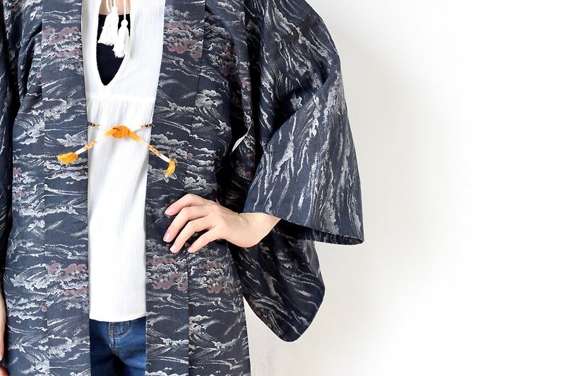 wave kimono, haori jacket, authentic kimono, vintage kimono, kimono /4011 - เสื้อแจ็คเก็ต - เส้นใยสังเคราะห์ สีน้ำเงิน