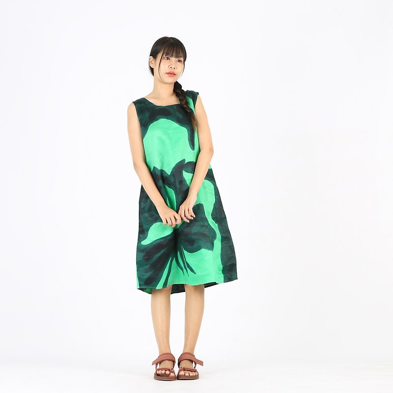 Short Dress Linen Hand Paint - ชุดเดรส - ผ้าฝ้าย/ผ้าลินิน สีเขียว