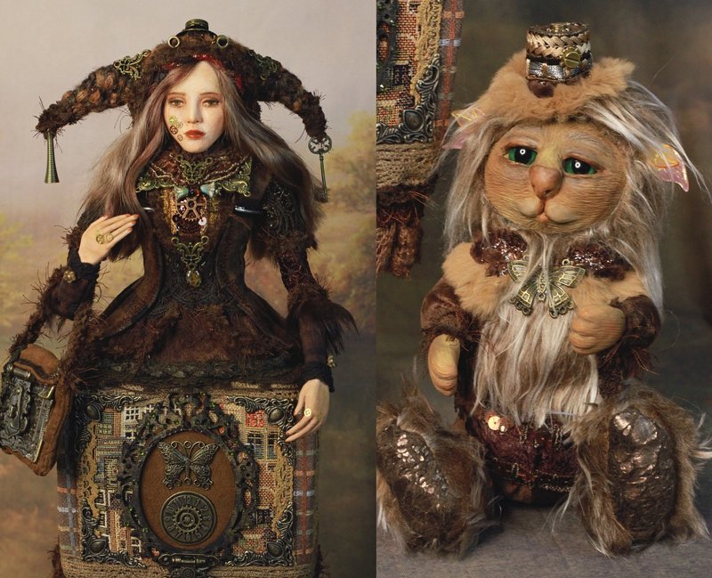 Steampunk Doll Alexandra and Mr. Wiseman, Handmade Interior OOAK Art Doll - 擺飾/家飾品 - 黏土 咖啡色