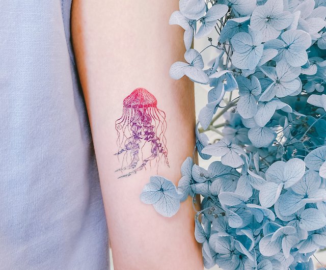 海のクジラ タトゥーステッカーに2花と植物の小さな入れ墨海のクジラクラゲ金魚 ショップ My Dear Tattoo タトゥーシール Pinkoi
