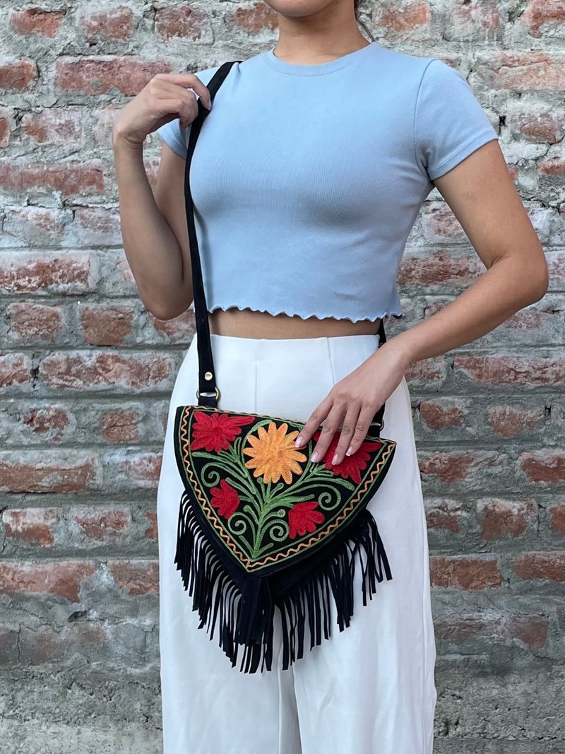 Indian cashmere handmade suede embroidered bohemian triangle tassel bag - Messenger Bags & Sling Bags - Genuine Leather Black