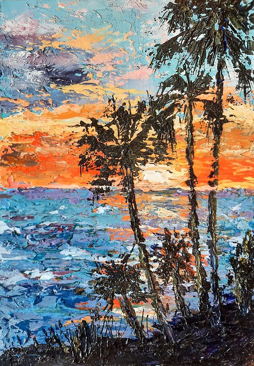 AsheArt Sunset Seascape Original acrylic painting Beach painting Palm tree art Small art