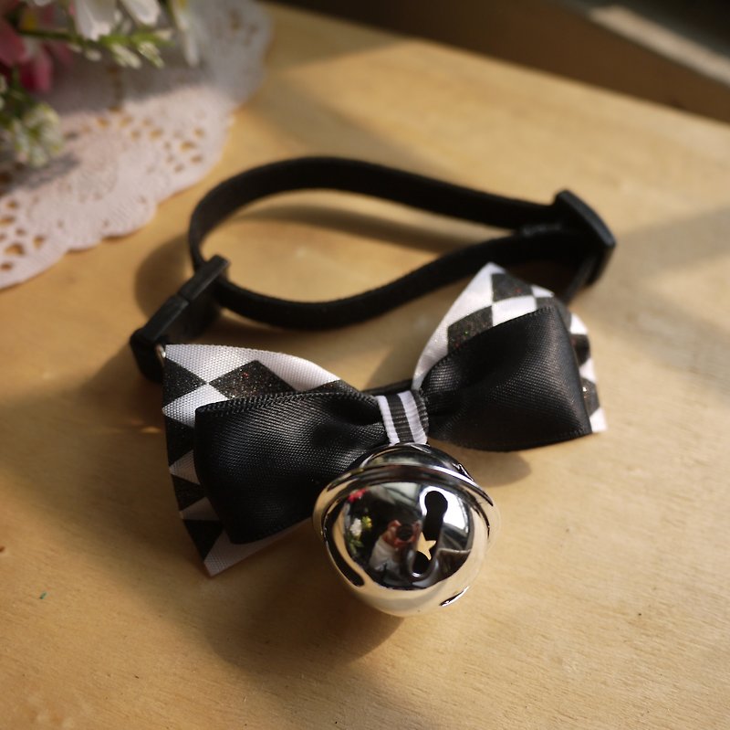Black and white lattice x playful star bells︱safe hand-made cat and dog pet collars/ribbons/hair accessories ♥Cherry Pudding♥ - Collars & Leashes - Cotton & Hemp Pink