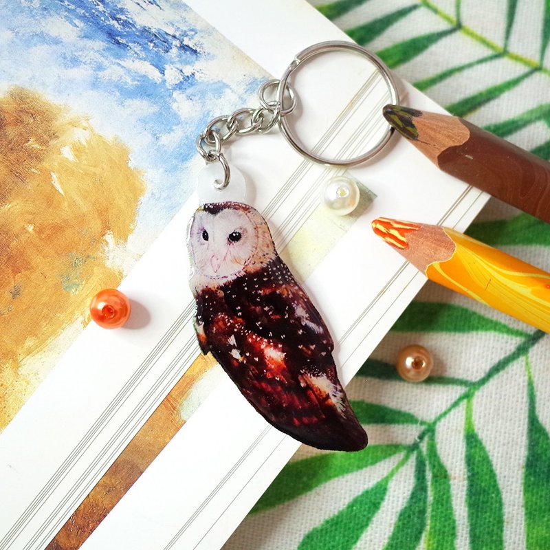Taiwan Endemic Subspecies - Eastern Grass Owl Painted Keychain - ที่ห้อยกุญแจ - วัสดุกันนำ้ สีนำ้ตาล