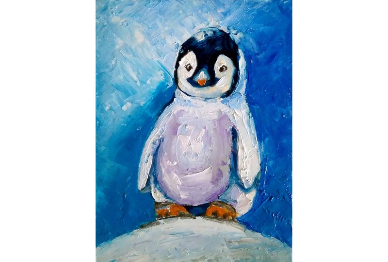 Penguin Original Painting Bird Wall Art Animal Artwork Miniature Picture, 手工油畫 - 海報/掛畫/掛布 - 其他材質 多色