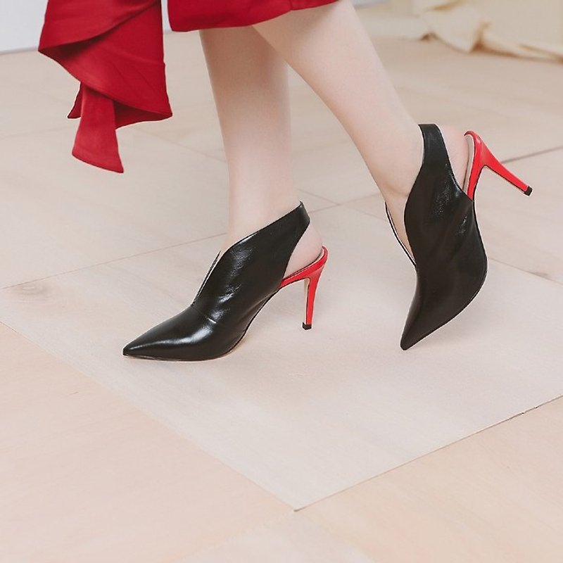 V mouth streamline blade structure leather high heels black and red - รองเท้าส้นสูง - หนังแท้ สีดำ