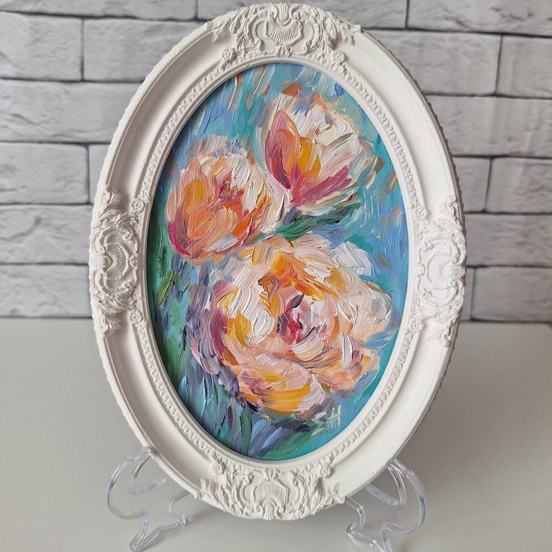 Peonies oil painting in vintage frame Flowers painting Handmade | 牡丹油畫 - 海報/掛畫/掛布 - 木頭 橘色