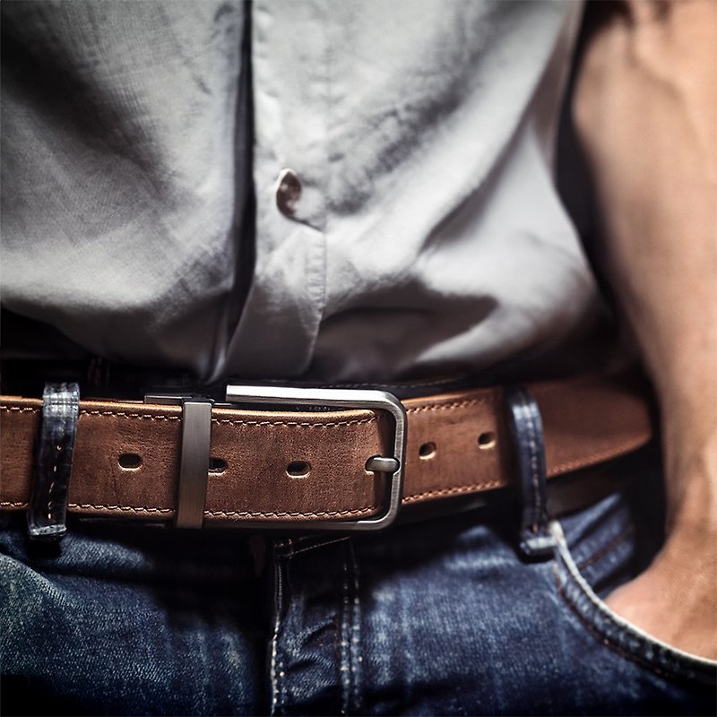 [Free Engraved English Name] Men's Retro Leather Belt Whole Layer Cowhide Belt Business Casual Pants Belt - เข็มขัด - หนังแท้ 