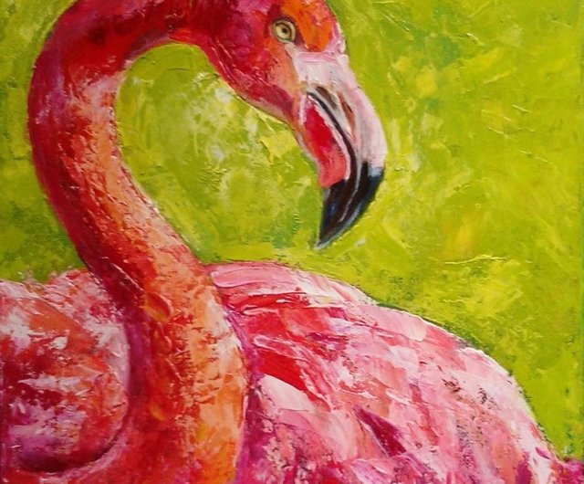 フラミンゴ絵画ピンクの鳥オリジナルアート 2 つの絵画セット