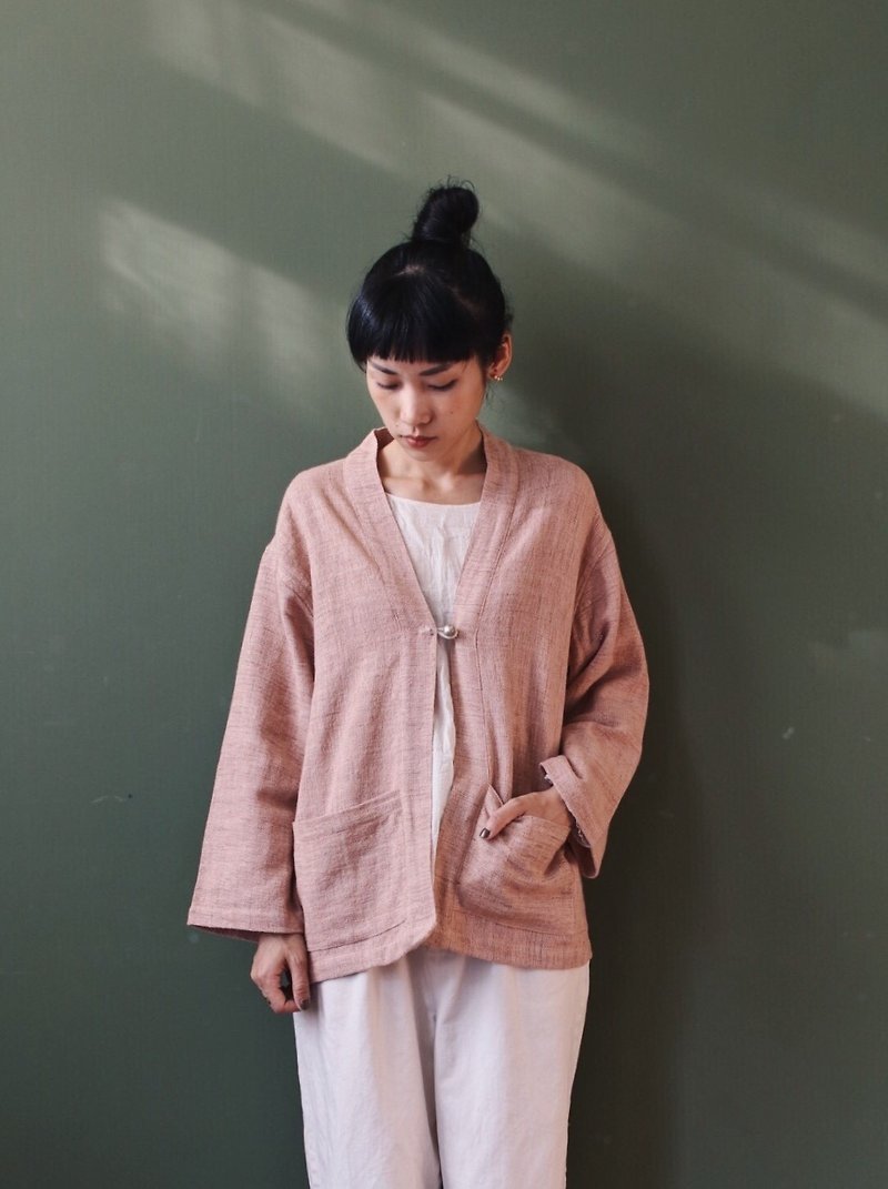 OMAKE Remake dyed silver beads buckle hand woven kimono jacket pink orange - Women's Casual & Functional Jackets - Cotton & Hemp Pink