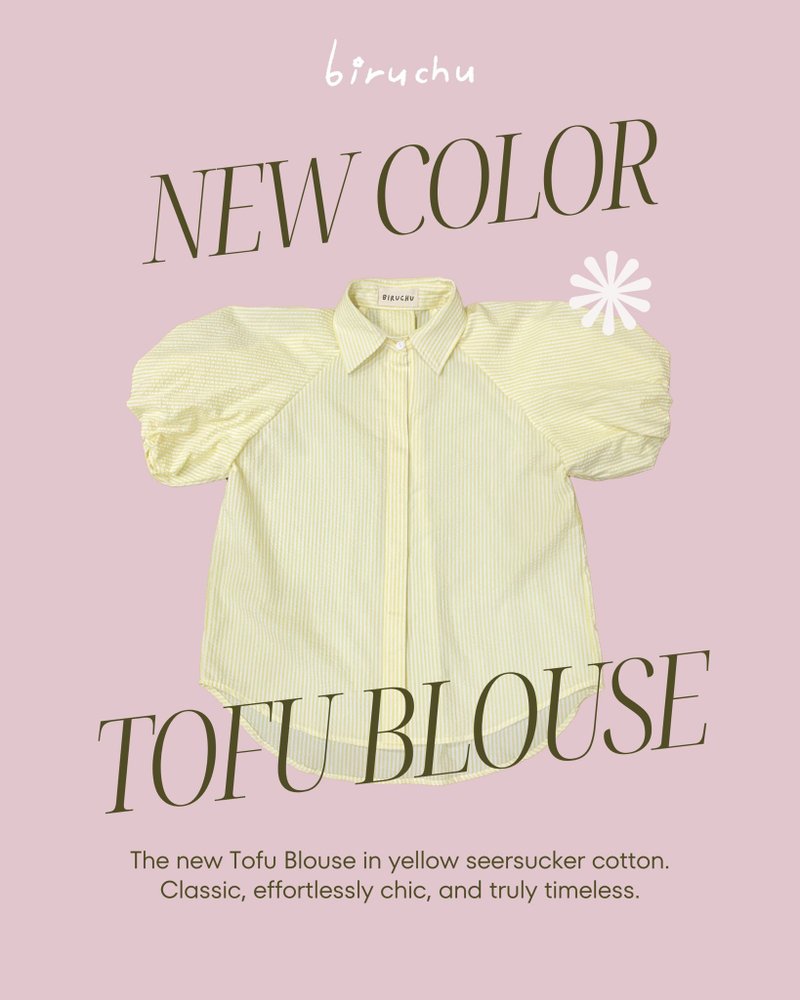 BIRUCHU BALLOON SLEEVE SHIRTS : Yellow blue - 女襯衫 - 棉．麻 黃色