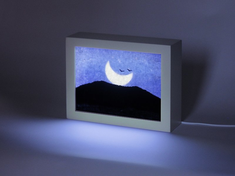 กระดาษ โปสเตอร์ สีน้ำเงิน - Moon Boat Night Light, Blue Mountain Painting, Minimalist Original Artwork, Abstract Landscape，Chinese Watercolor in A5