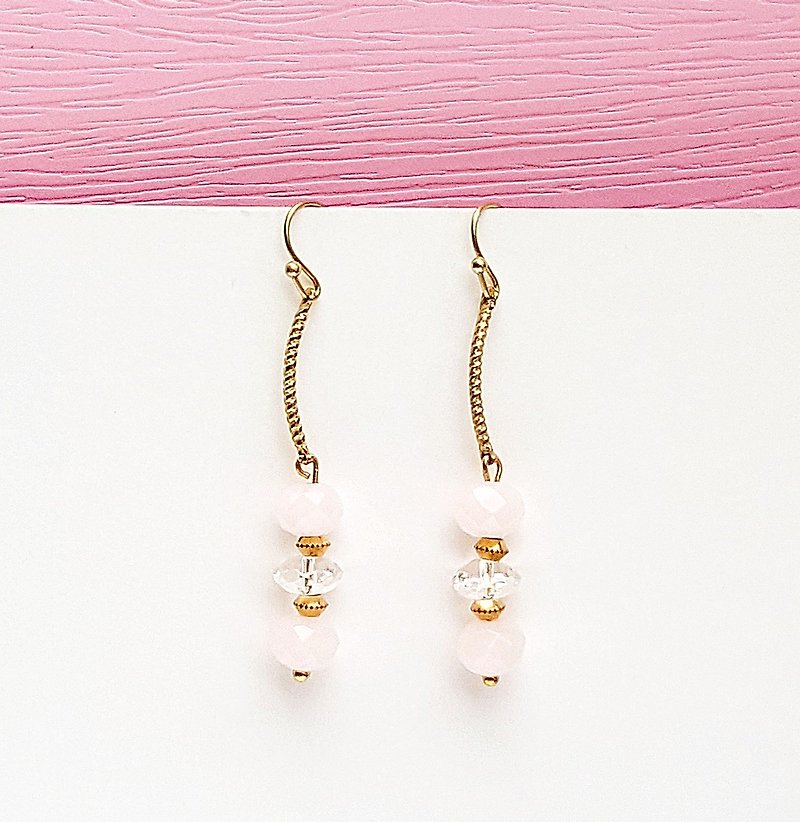 <Candy Party- Pink Bubbles> rose quartz crystal white Bronze earrings minimalist geometry personalized gift - Earrings & Clip-ons - Crystal White