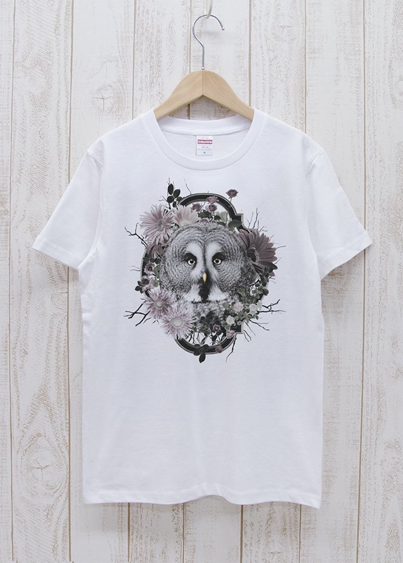 ronronGreatGrayOwl Tee　Flower Frame　ホワイト / R037-T-WH - 帽T/大學T - 棉．麻 白色