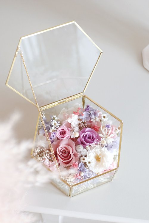 花譜FlowerScore 永生玫瑰玻璃六角珠寶盒 粉紫色系