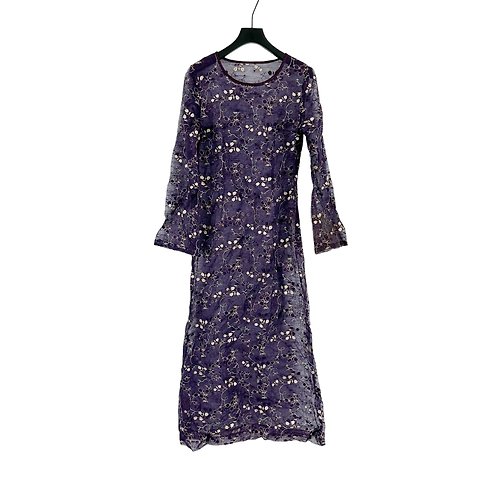 蘿綺莉蕾芭索 二手 暗紫色 薄紗 織紋 透明 刺繡 洋裝 PF414