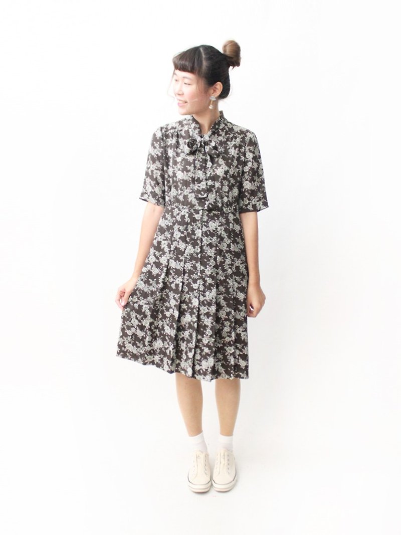 【RE1004D1430】 early autumn Japanese flowers retro brown short-sleeved ancient dress - One Piece Dresses - Polyester Brown