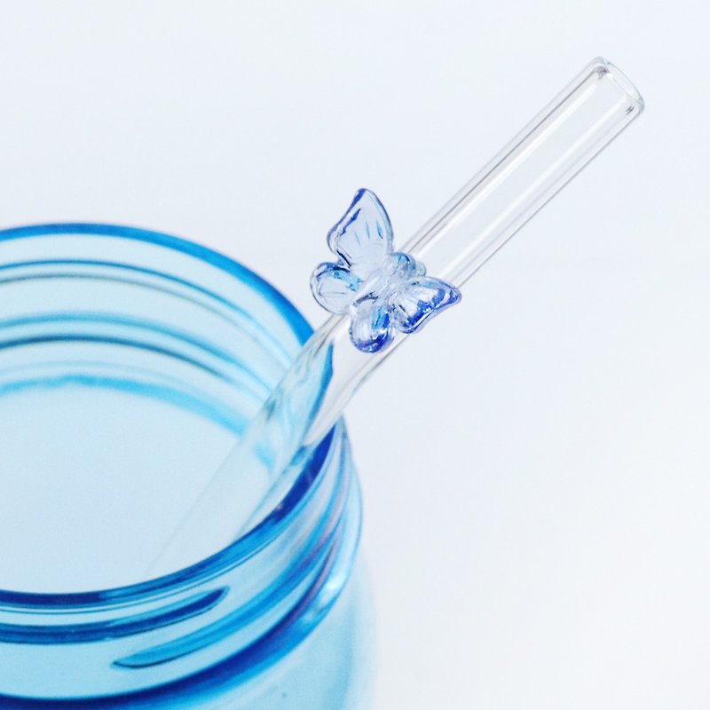 20cm (口徑0.8cm) 彎曲款 藍色蝴蝶 玻璃吸管(附贈清潔刷) 客製化 - 環保吸管 - 玻璃 藍色