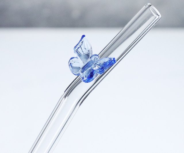 20cm (caliber 0.8cm) curved blue butterfly glass straw (with