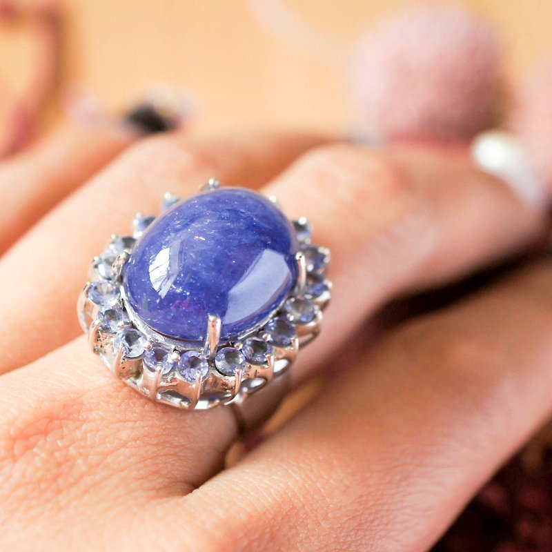 Oval Tanzanite with Round Tanzanite Silver Cocktail Ring - General Rings - Gemstone Blue