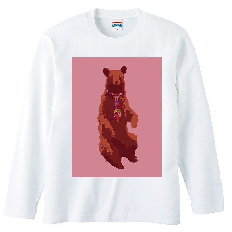 Long Sleeve T-shirt / Bear and tie 2 - เสื้อยืดผู้ชาย - ผ้าฝ้าย/ผ้าลินิน ขาว