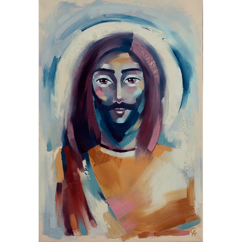 Jesus Painting Catholic Original Art Christian Artwork Religious Hand Made - 海報/掛畫/掛布 - 其他材質 咖啡色
