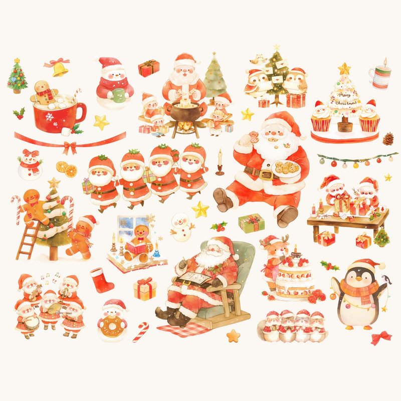 クスッとかわいい水彩クリスマスクリップアート サンタ・トナカイ・スイーツ 46PNG コラージュ素材・コラージュシート・手帳・ジャーナリング・デジタルステッカー - 似顔絵・イラスト・挿絵 - その他の素材 