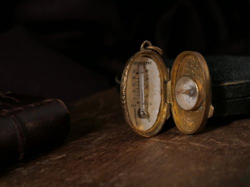 鑲珹古董珠寶 1890s 英國維多利亞時期 貝母戶外指南針與溫度計