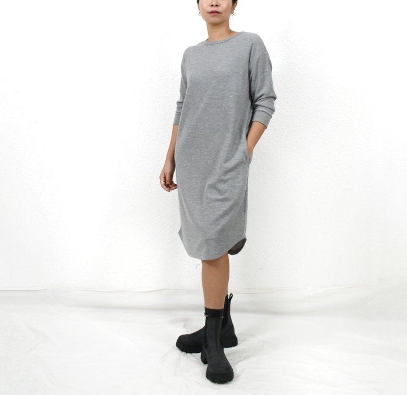 WAFFLE DRESS- MELANGE GREY - ชุดเดรส - ผ้าฝ้าย/ผ้าลินิน สีเทา