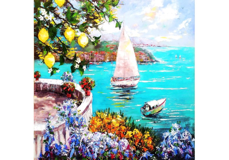 Italy Painting Amalfi Original Art Sea Painting Impasto Large Oil Painting 32x32 - 壁貼/牆壁裝飾 - 其他材質 藍色