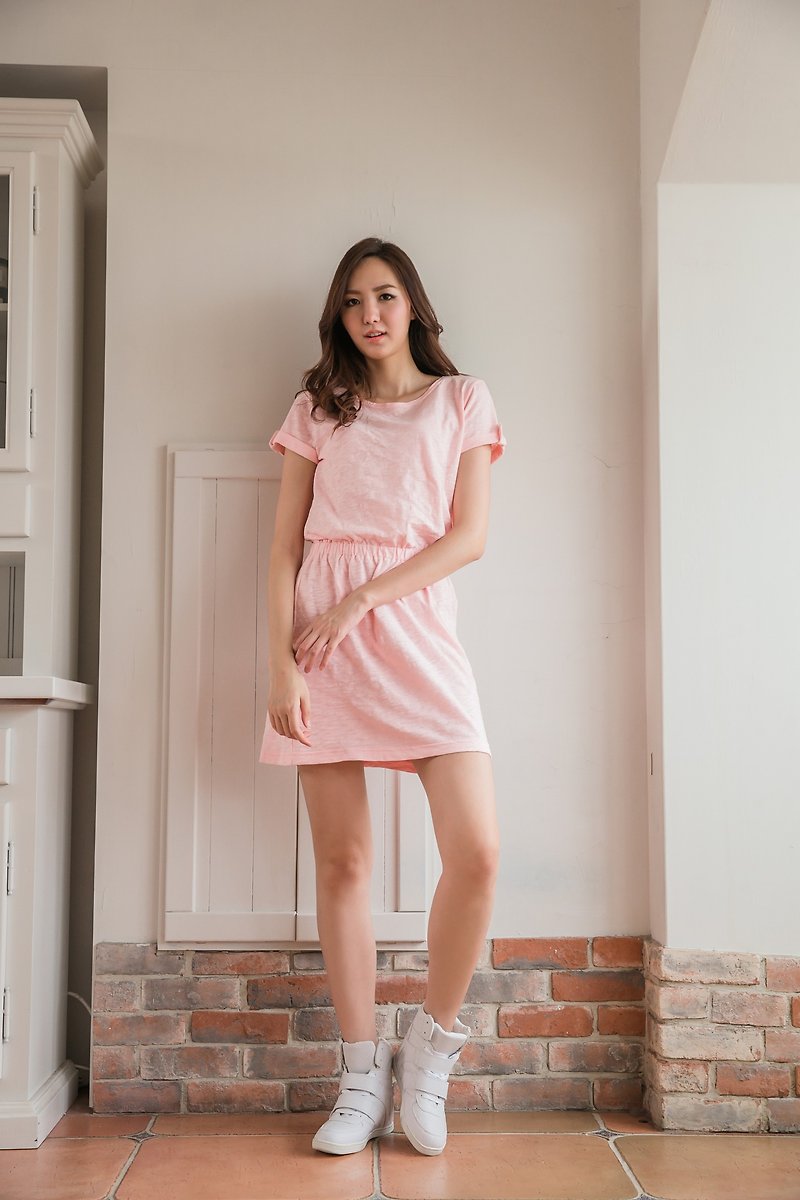 Slim slim cotton casual dress - fresh powder - One Piece Dresses - Cotton & Hemp Pink