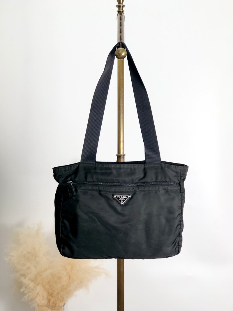 【 日本直送　名牌中古包 】PRADA プラダ トートバッグ ブラック トライアングルロゴ フロントファスナー ナイロン vintage オールド hkay85 - 手提包/手提袋 - 尼龍 黑色