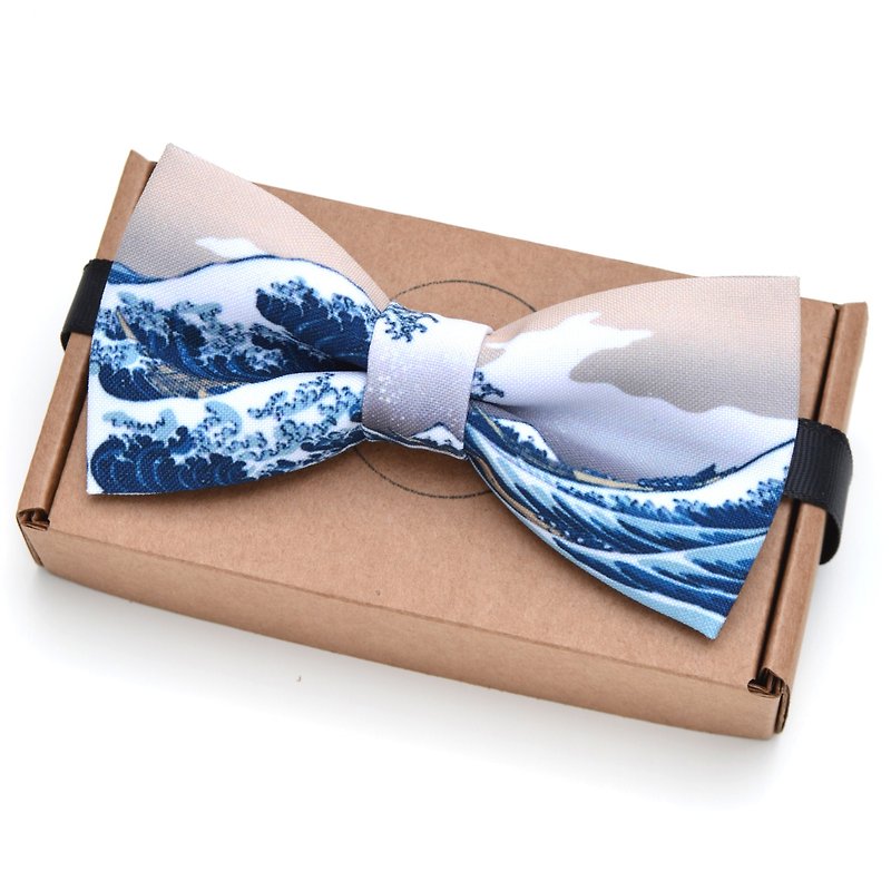 Big wave bow tie Katsushika Hokusai, blue bow tie for men, bow tie with art
