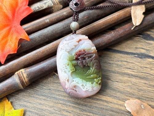 LifelikeDream Handmade 【一物一圖】天然鹽源瑪瑙 雕刻 山水牌 手編繩 項鍊