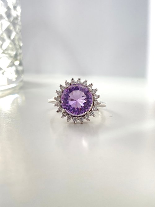 波卡圓點與小月光 巴西天然紫水晶925銀戒指