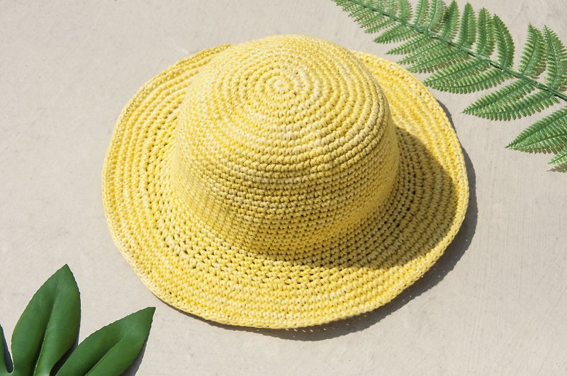 Crocheted cotton and hats, hand-woven hats, fishermen, sun hats, straw hats, straws, 1⁄2-original summer, light yellow - Hats & Caps - Cotton & Hemp Yellow