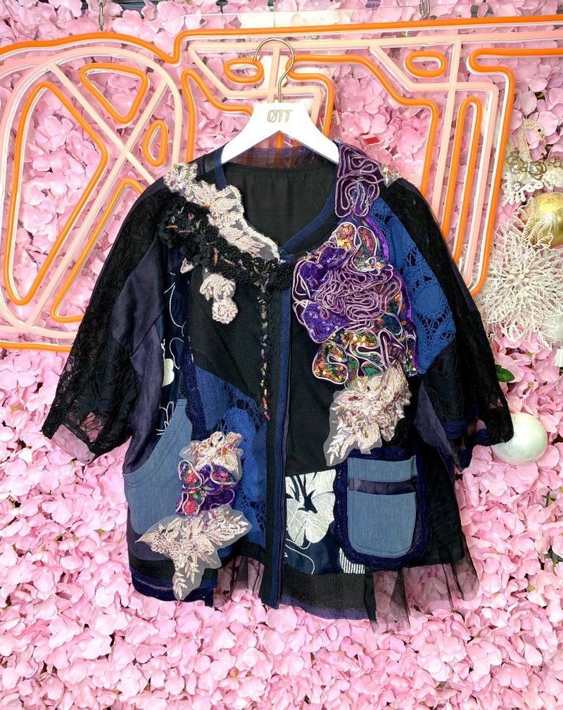 OTT Unique•Unique Japanese ultra-heavy handmade three-dimensional embroidered sequined knitted jacket - เสื้อแจ็คเก็ต - ผ้าฝ้าย/ผ้าลินิน หลากหลายสี