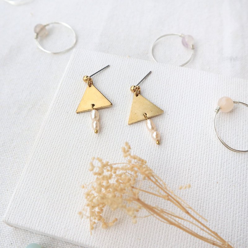 Freshwater Pearl Small Geometric Brass Series - Mountain Creek can be changed - Earrings & Clip-ons - Pearl Gold