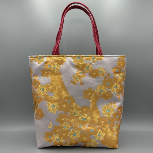 桜 荒波青海波模様 シルク帯リメイク ミニトートバック